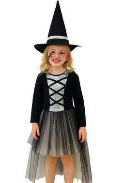 Cadılar Bayramı Halloween Gümüş-Siyah 6-7 Yaş Şapkalı Cadı Kız Çocuk Kostümü