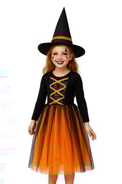 Cadılar Bayramı Halloween Turuncu-Siyah 8-9 Yaş Şapkalı Cadı Kız Çocuk Kostümü