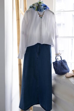 Light Blue-5 Pocket Flared Denim Skirt