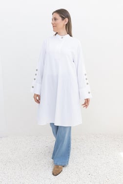 White - Sleeve Button Linen Tunic