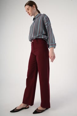 Claret Red-100% Cotton Wide Leg Piece Dyeing Comfortable Fit Trousers