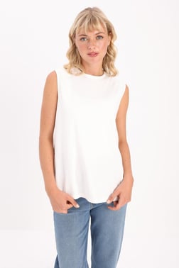 Ecru-Crewneck Sleeveless Cotton T-Shirt