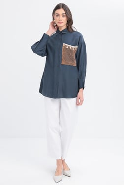 Indigo-Shirt Pocket Detailed Shirt Tunic