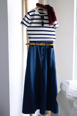 Dark Blue-5 Pocket Flared Denim Skirt