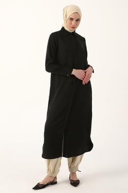 Black-Hidden Plaid Long Shirt Tunic