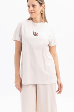 Taş-Kısa Kollu Nakış Detaylı Süprem Tshirt
