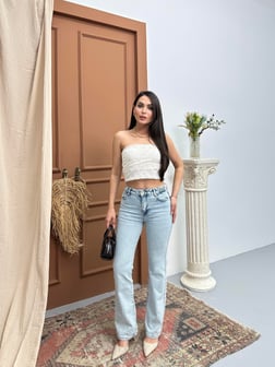 LACARINOYüksek Bel kemer Toka Detaylı Yarım İspanyol Paça Light Blue Jean Pantolon