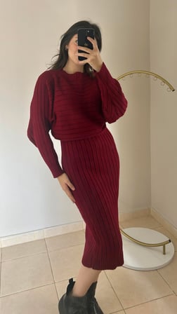 Bordo Kazaklı Triko Elbise - 111