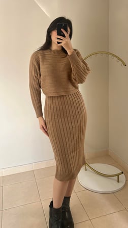 Camel Kazaklı Triko Elbise - 111