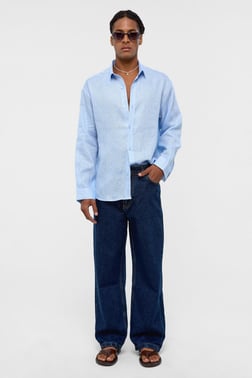 %100 Keten Oversize Uzun Kollu Gömlek Bebe Mavi
