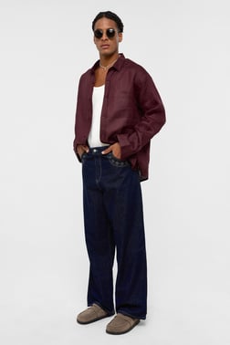 %100 Keten Oversize Uzun Kollu Gömlek Bordo