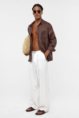 %100 Keten Oversize Uzun Kollu Gömlek Kahve