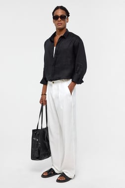 %100 Keten Oversize Uzun Kollu Gömlek Siyah