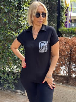 Polo Yaka Taşlı  Garni  Cepli Tshirt