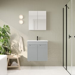Banyo Dolabı, Ayna Ve Lavabo Seti, 65 Cm, İnci Gri