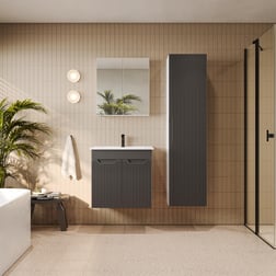 Banyo Dolabı, Ayna Ve Lavabo Seti, Boy Dolaplı 65 Cm, Antrasit Gri