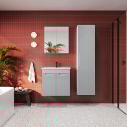Banyo Dolabı, Ayna Ve Lavabo Seti, Boy Dolaplı 65 Cm, İnci Gri