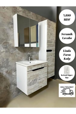Banyo Dolabı Mdf 65 cm Boy Dolaplı Linda Form Kulplu