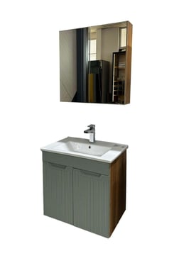 Banyo Dolabı Mdf 65 cm Memran kapaklı Etajerli Lavabolu kulpsuz