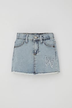 Breeze Kız Çocuk Jean Etek Kelebek Nakışlı Düğme Detaylı Açık Mavi (1.5-5 Yaş)