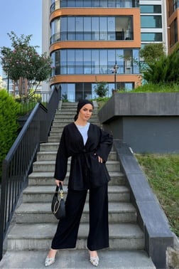 Kadın Siyah Taş Detaylı Kimono Takım