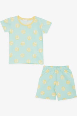 Erkek Bebek Şortlu Pijama Takımı Tenis Topu Desenli Su Yeşili (9 Ay-3 Yaş)