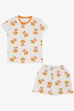 Kız Çocuk Şortlu Pijama Takımı Kalpli Bebek Ayıcık Desenli Beyaz (4-8 Yaş)