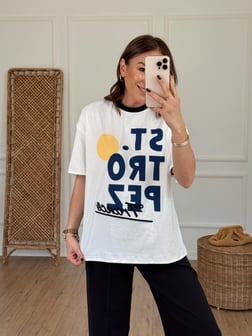 Baskılı Nakış Detaylı Tshirt EKRU
