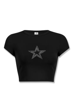 Kadın Star Stroke Taş Baskılı Crop Siyah