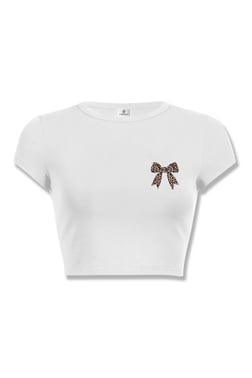 Kadın Leopar Kurdele Göğüs Crop Beyaz