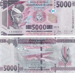 Yabancı Devletlerin Kağıt ParalarıGine, 5.000 Frank (2015) P#49 ÇİL Eski Yabancı Kağıt Para