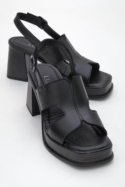 98-D2261-2-SIYAH CILTKEVIN Siyah Cilt Hakiki Deri Kadın Platform Topuklu Sandalet