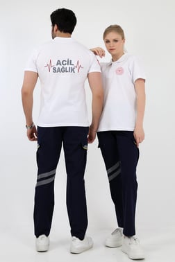 112 Yakalı Unisex Tshirt Kısa Kol - Beyaz