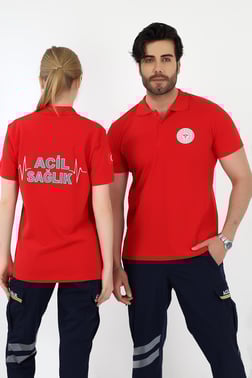 Acil Sağlık Yakalı Tshirt Kısa Kol - Kırmızı