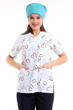 Beyaz Çizgi Desenli Kadın Tek Üst Scrubs Forma