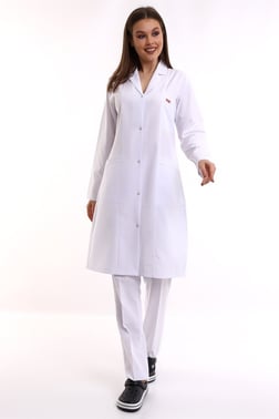 Beyaz Doktor Öğretmen Kadın Uzun Boy Ceket Yaka Önlük