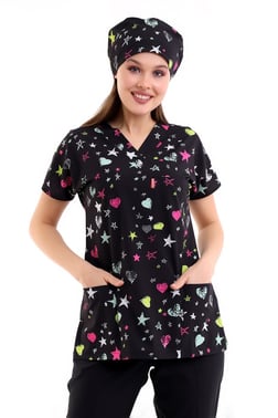 Siyah Yıldız Kalp Desenli Dijital Baskı Unisex Tek Üst Scrubs Doktor / Hemşire Forma