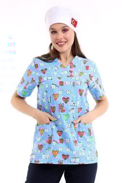 Turkuaz Diş Desenli Kadın Tek Üst Scrubs Forma
