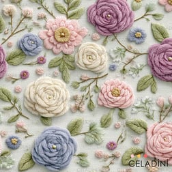 3D Nakış Efektli Pastel Güller Desenli Kumaş