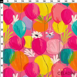 Pembe Fon Uçan Balon Desenli Kumaş