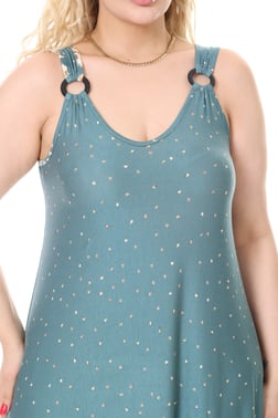 Melsay Butik Askılı V Yaka Yeşil Puanlı Eteği Leopar Desen Elbise