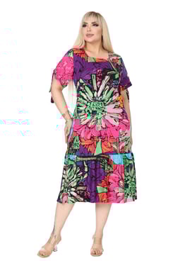 Melsay Butik Karışık Renkli Desen Kolları Bağlamalı Kısa Kollu Elbise