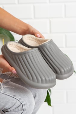 Modafrato FLORA Kapalı İçi Yünlü Unisex Ev Terliği Kışlık Terlik Gri