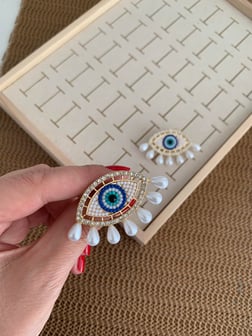 Özel Seri Zirkon Taşlı Kirpikli Göz Nazar İnci Sallantılı Küpe