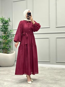Marion Yarım Düğmeli Elbise -Bordo