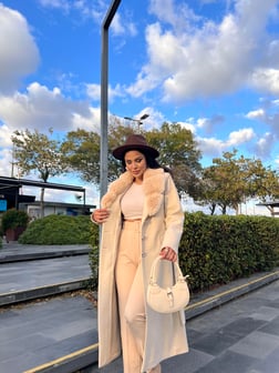 Megan Yaka Kürk Detaylı Kaşe Kaban Bej