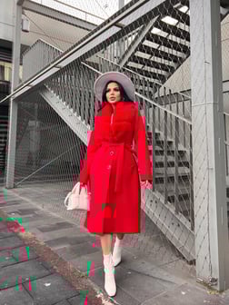 Megan Yaka Kürk Detaylı Kaşe Kaban Kırmızı