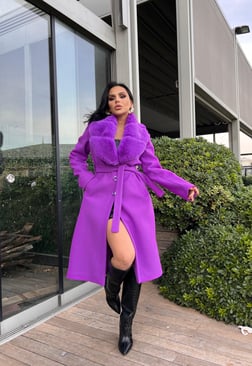 Megan Yaka Kürk Detaylı Kaşe Kaban Mor