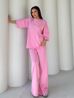 Smiles Taşlı Yazı Detaylı Oversıze Takım Pembe