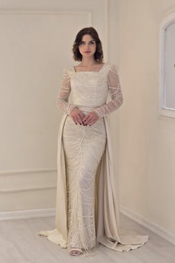 Krem Pano Desen Saten Etekli Abiye 2650